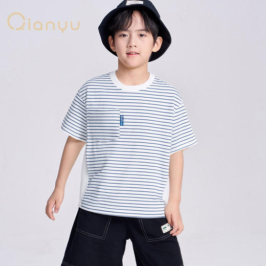 笛莎千与2025夏新款男童海军风条纹拼接男童短袖T恤 商品图2