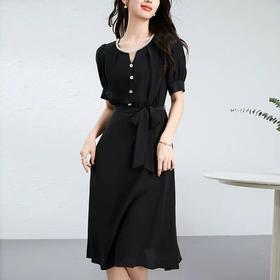 【高货kbnq】全新升级【铂金会员441/天猫599/差价158】(20840) 洛诗琳纯色新款圆领钉珠系带收腰黑色质感桑蚕丝A字裙