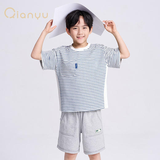 笛莎千与2025夏新款男童海军风条纹拼接男童短袖T恤 商品图1