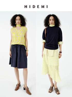 HIDEMI经典几何印花系列清透磨砂缎感内衬吊带两件式丝巾设计感v领显瘦背心半裙套装 背心/半裙