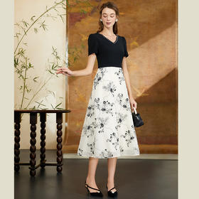 司歌v领短袖连衣裙刺绣显瘦拼接假两件A911006X