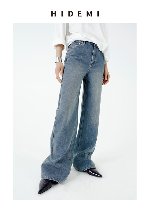 HIDEMI 都市单宁系列多重水洗做旧感中缝线宽松阔腿牛仔裤 商品图6