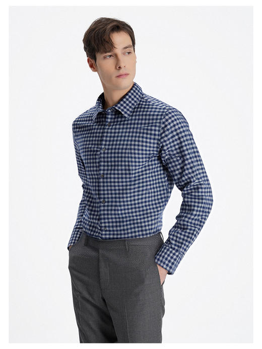 callisto蓝色全棉羊毛三色交织棋盘格长袖衬衫 FSSTL240C 商品图3