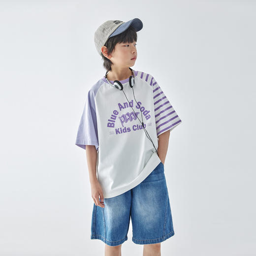 蓝汽水2025夏季新款亲子男童条纹拼接短袖复古时髦全棉T恤 商品图2