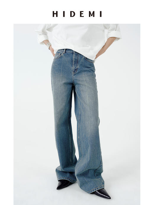 HIDEMI 都市单宁系列多重水洗做旧感中缝线宽松阔腿牛仔裤 商品图5