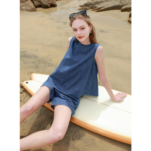 三彩2025夏季新款纯棉牛仔套装无袖上衣休闲裤两件套短裤宽松M 商品图3