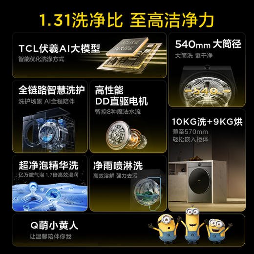 【新品上市】TCL小黄人·大眼萌AI超级筒T7R PRO 10公斤DD直驱洗烘一体 G100T7R-HDIS 商品图1