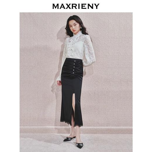 MAXRIENY2024复古浪漫感开叉蕾丝缎面半裙约会小裙子包臀半身裙(货号:MF85SK757) 商品图1