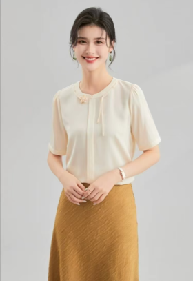 SZ2F51_玉色_T恤_夏季_新中式盘扣流苏立领短袖修身针织 _高级女装_BERNIEELEN 伯妮斯茵