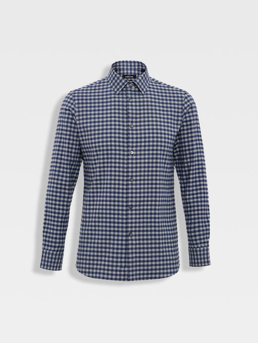 callisto蓝色全棉羊毛三色交织棋盘格长袖衬衫 FSSTL240C 商品图0