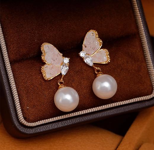 自留翩翩起舞水晶蝴蝶925银脱敏珍珠耳环 商品图10