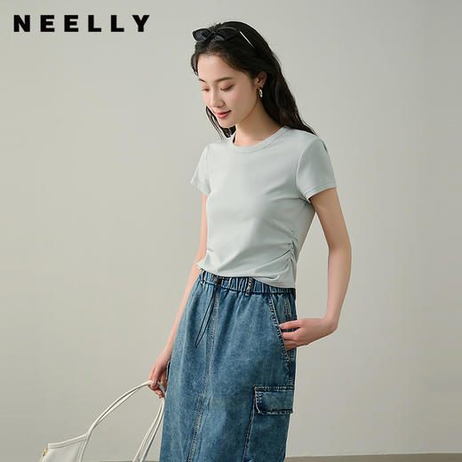 NEELLY纳俪商场同款夏季新款圆领正肩收腰短袖T恤女减龄修身上衣N25044T05501 商品图0