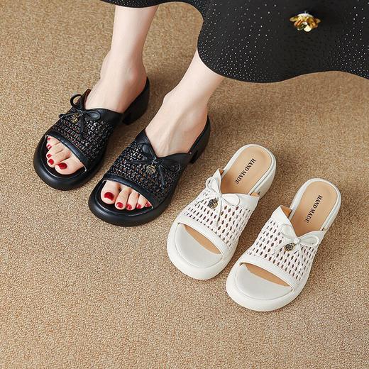 【预售5天】6CM拖鞋镂空编织半拖鞋，蝴蝶结白色真皮一字拖鞋MLJ&C126 商品图1