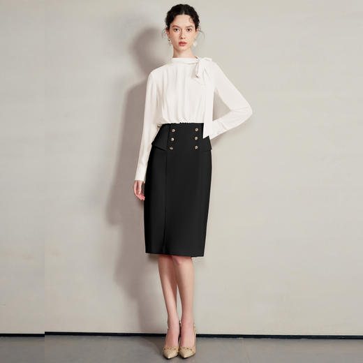 IWY/春秋黑白拼色气质通勤法式衬衫连衣裙女商务面试工作服套裙时尚绑带正装Q1263 商品图1
