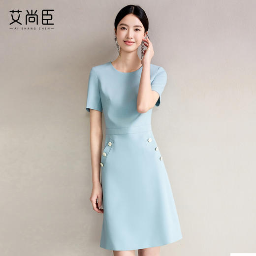 蓝色通勤连衣裙女2024新款设计感上镜职业主持人正装裙 商品图0