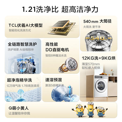 【新品上市】TCL小黄人·大眼萌AI超级筒T7R 12公斤DD直驱洗烘一体 G120T7R-HDI 商品图1