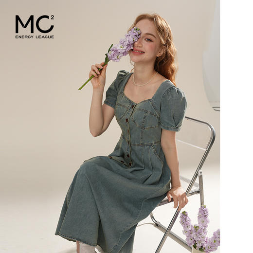 女装方领前门襟开扣复古牛仔连衣裙-5028Q5221010 商品图1