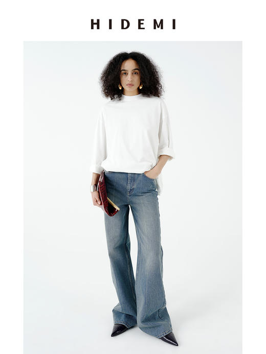 HIDEMI 都市单宁系列多重水洗做旧感中缝线宽松阔腿牛仔裤 商品图2