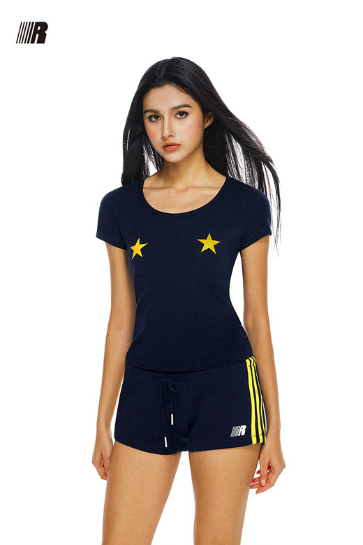 FDR官方店 辣妹星星撞色U领正肩短袖t恤男女夏季修身显瘦上衣 商品图5