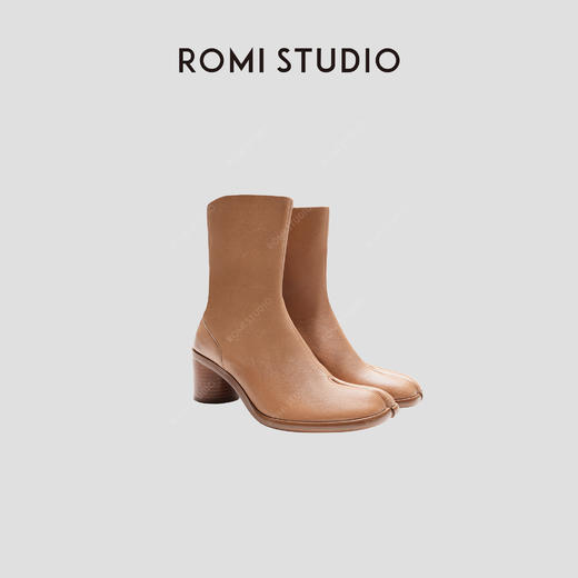 ROMI STUDIO“四季短靴”气质时尚小众棕色马蹄粗跟分趾中筒靴S3538 商品图4