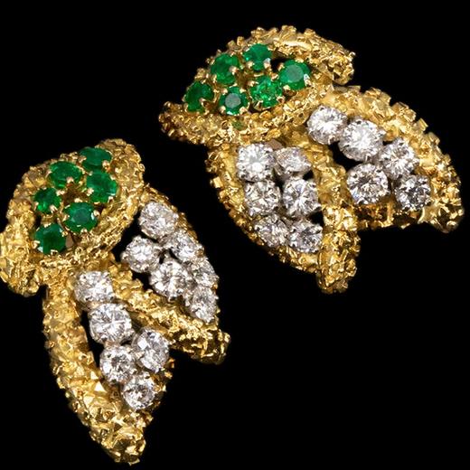 独角鹿西洋古董 1965年代法国出品18K黄金铂金镶嵌钻石及祖母绿耳环一对 商品图1