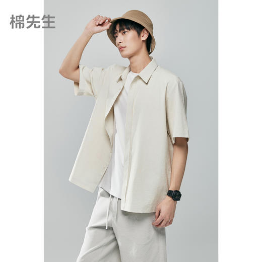 棉仓363804011-微宽松亚麻混纺翻领短袖衬衫 商品图0