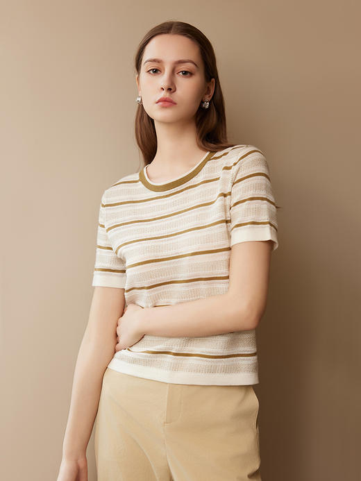 【短袖条纹针织套衫】25年春夏新品女士圆领条纹撞色针织开衫 商品图0