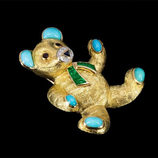 独角鹿西洋古董 1960年代法国出品18K黄金镶嵌绿松石红宝石祖母绿及钻石小熊造型胸针 商品图2