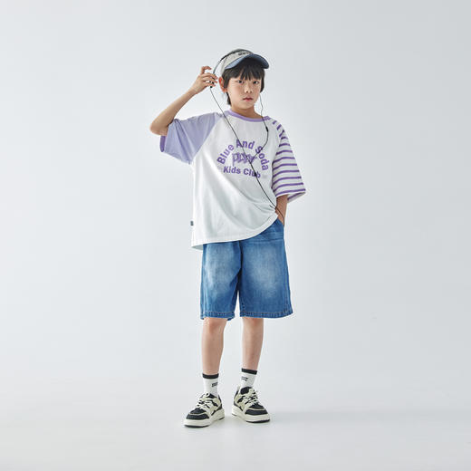 蓝汽水2025夏季新款亲子男童条纹拼接短袖复古时髦全棉T恤 商品图1
