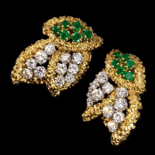 独角鹿西洋古董 1965年代法国出品18K黄金铂金镶嵌钻石及祖母绿耳环一对 商品图2