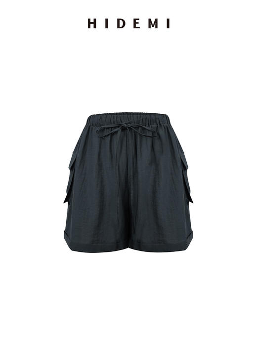HIDEMI 口袋宽松显瘦松紧带短裤 雾霾蓝/黑色 商品图2