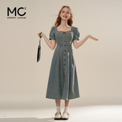 女装方领前门襟开扣复古牛仔连衣裙-5028Q5221010 商品图2