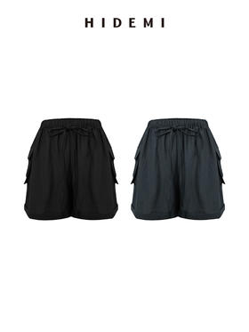 HIDEMI 口袋宽松显瘦松紧带短裤 雾霾蓝/黑色