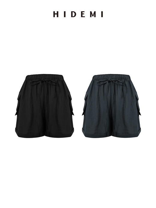 HIDEMI 口袋宽松显瘦松紧带短裤 雾霾蓝/黑色 商品图0
