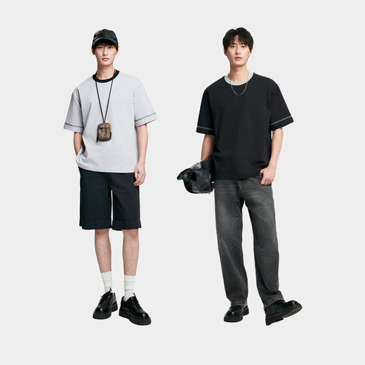 棉仓363801014-重磅棉撞色领袖口提花宽松落肩短袖T恤 商品图4