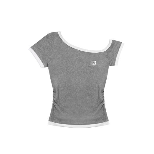 FDR官方店 R字假两件斜肩辣妹工牌修身短袖t恤女夏季露肩体恤上衣 商品图4