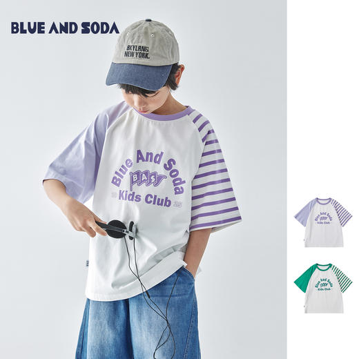 蓝汽水2025夏季新款亲子男童条纹拼接短袖复古时髦全棉T恤 商品图0
