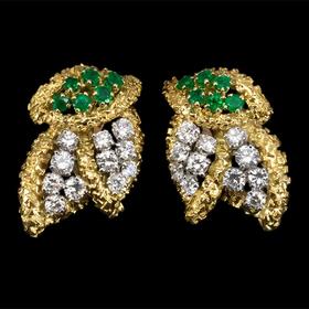 独角鹿西洋古董 1965年代法国出品18K黄金铂金镶嵌钻石及祖母绿耳环一对