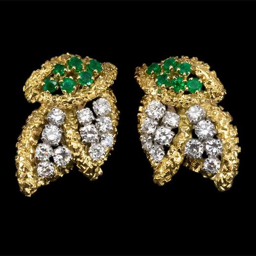 独角鹿西洋古董 1965年代法国出品18K黄金铂金镶嵌钻石及祖母绿耳环一对 商品图0
