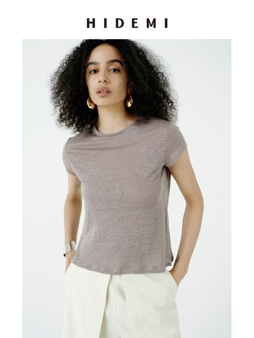 HIDEMI 自然都市感极简圆领经典款进口百分亚麻针织透气感短袖t恤 自然白/豆沙灰 商品图4