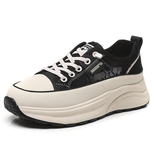 拼色圆头浅口拼接网纱绑带厚底平底真皮休闲鞋 商品图4