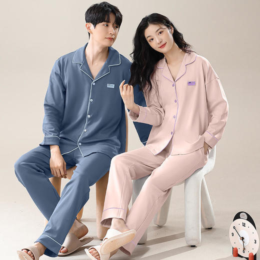 热卖中！【比裸睡还舒服】HNAN纯棉情侣款家居服全棉长袖开衫睡衣套装休闲版型男女款多色可选 商品图3