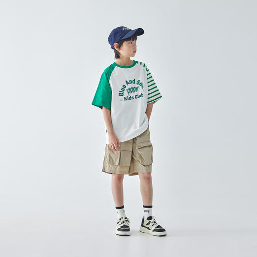 蓝汽水2025夏季新款亲子男童条纹拼接短袖复古时髦全棉T恤 商品图4
