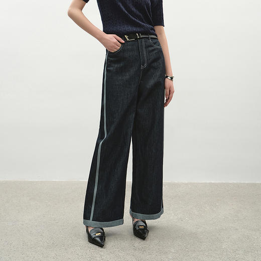 NEELLY纳俪商场同款夏季新款撞色麻感阔腿牛仔裤女设计感亮色长裤N25042H01054 商品图2