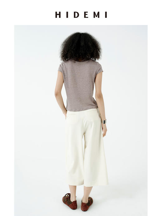 HIDEMI 自然都市感极简圆领经典款进口百分亚麻针织透气感短袖t恤 自然白/豆沙灰 商品图5