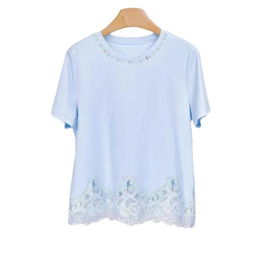 全新升级【铂金会员146/天猫199/差价53】(21225) 洛诗琳新款宽松拼接短袖t恤圆领蕾丝下摆花边T恤上衣短袖 商品图4