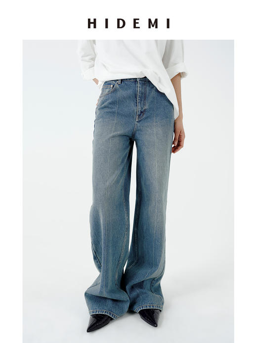 HIDEMI 都市单宁系列多重水洗做旧感中缝线宽松阔腿牛仔裤 商品图4