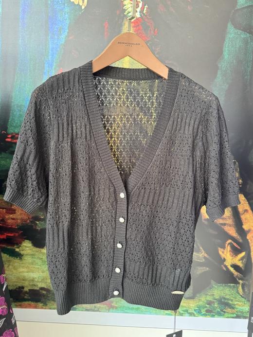 伯妮斯茵 | 清爽夏日 纯色 V 领短袖镂空针织开衫 冰丝曲珠纱线 抗起球透气 日常外搭款  SZ2E01-漆黑、凝重、紫薄汗 商品图1