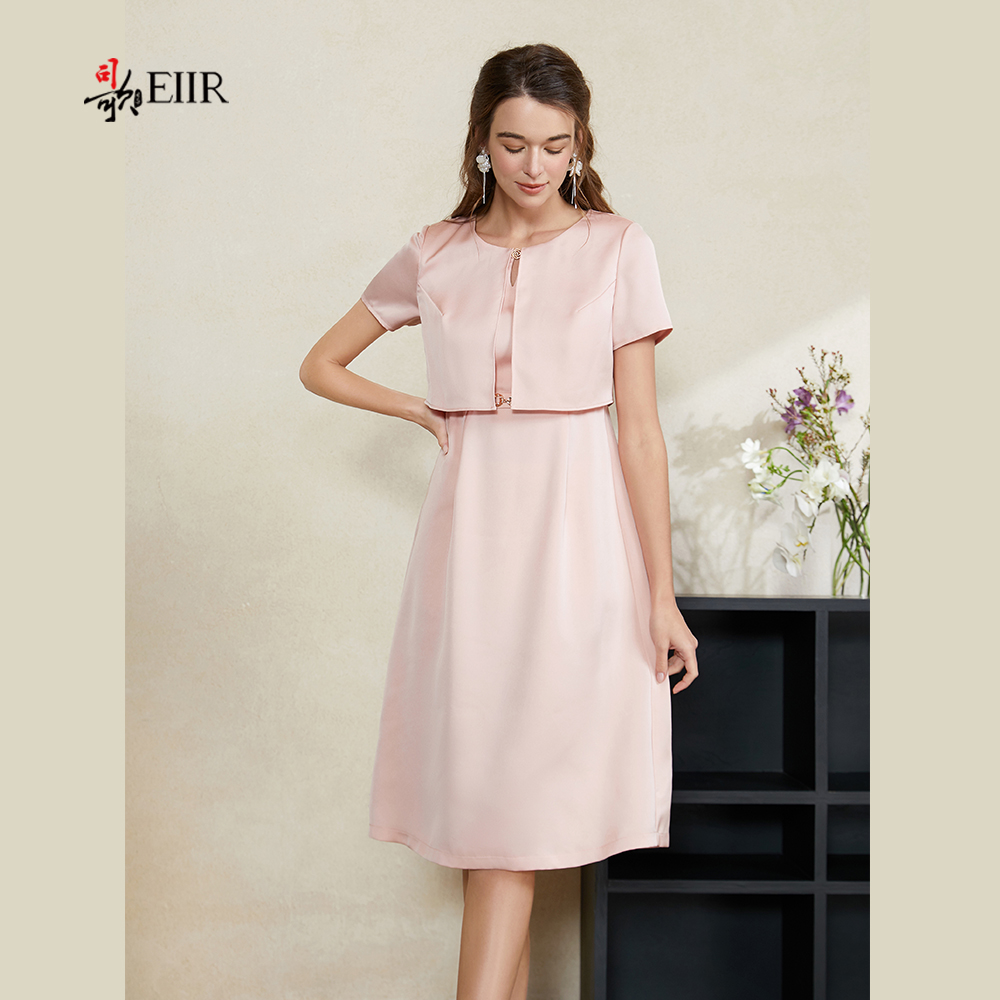 司歌假两件短袖连衣裙收腰缎面A911010X