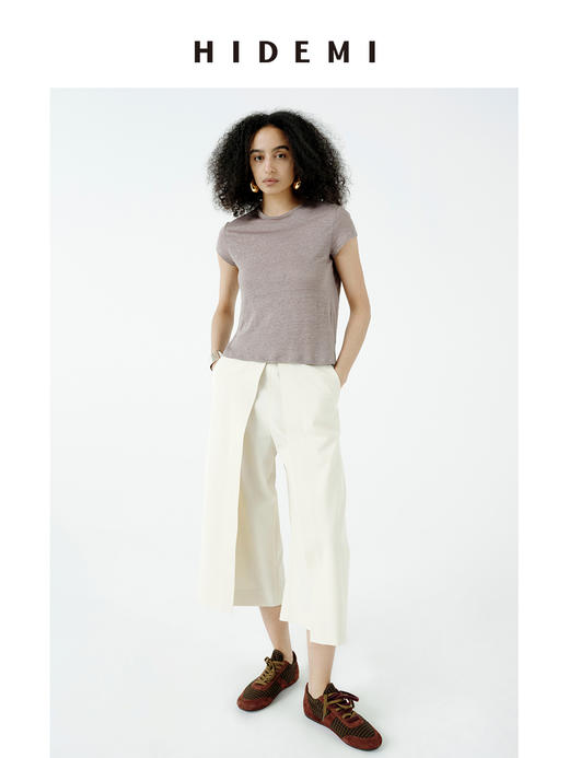 HIDEMI 自然都市感极简圆领经典款进口百分亚麻针织透气感短袖t恤 自然白/豆沙灰 商品图2